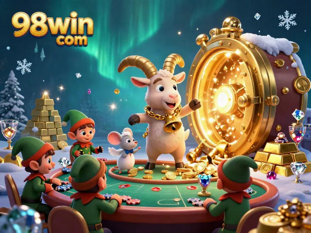 Experience the excitement of 98win com with a lively 3D casino scene featuring Krampus and mischievous gremlins.