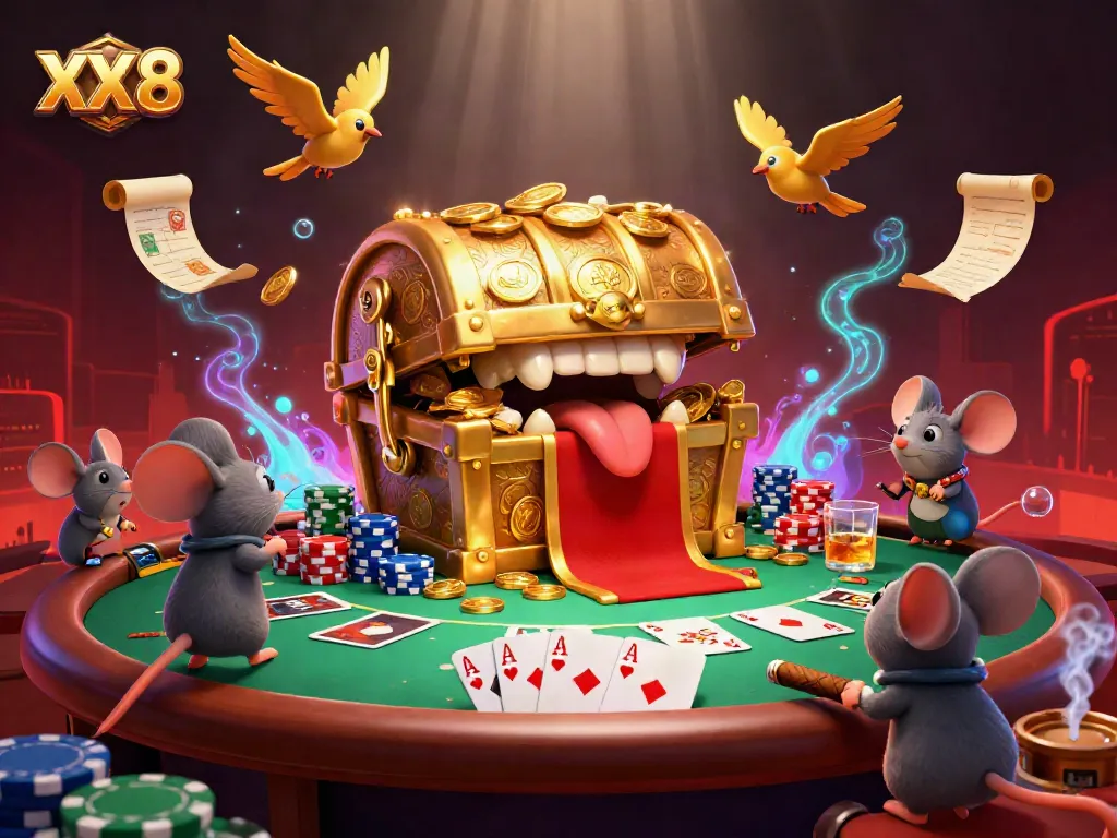 Experience XX 8 adventure with a golden treasure chest and poker excitement.
