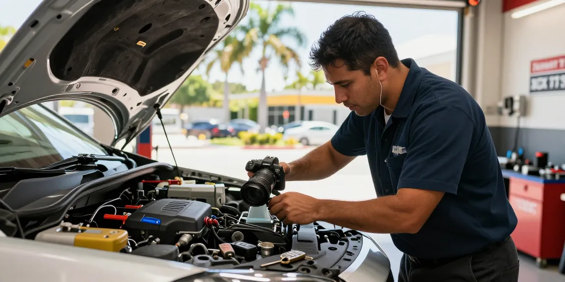 Professional locksmith performing car key replacement Fort Lauderdale in bright urban setting.