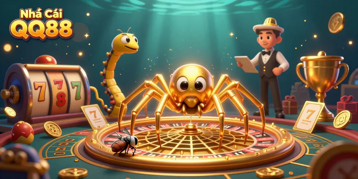 Experience Nhà Cái QQ88's thrilling casino adventure with a vibrant illustrated scene of a spider, a fly, and a croupier.