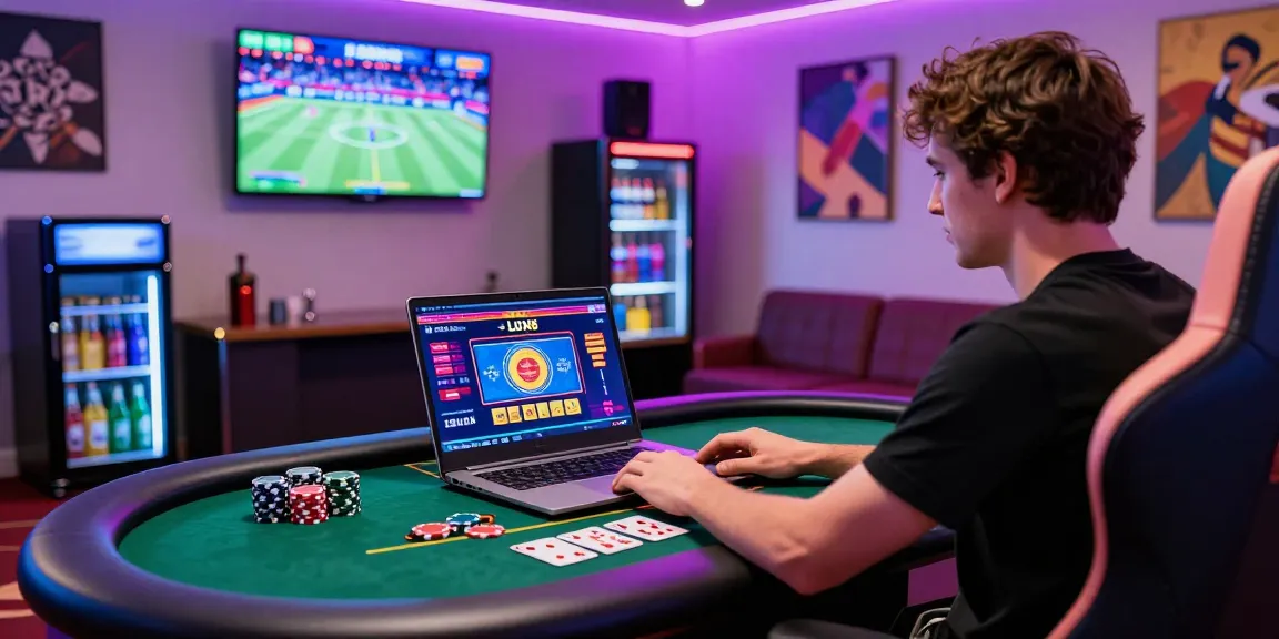 LUCK8 player in a vibrant online casino setting surrounded by poker chips and colorful graphics.