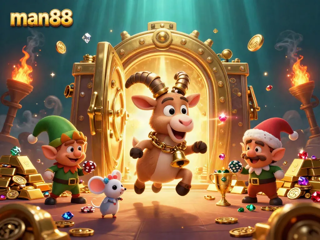 Experience the thrill at man88 casino with festive characters amidst overflowing treasures.
