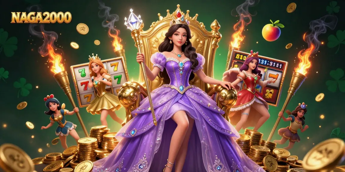 Ilustrasi permainan slot NAGA2000 yang menampilkan seorang putri Asia yang cantik dalam pose megah di antara gulungan yang berputar dan koin emas.