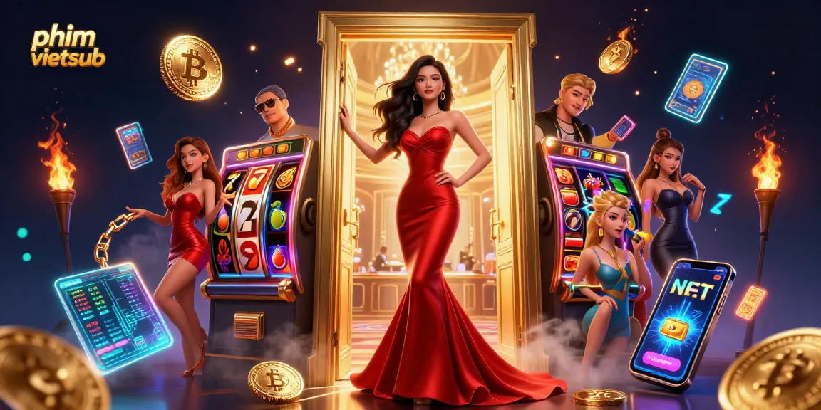 Engage with phim vietsub in this vibrant casino scene filled with slot reels and neon cryptocurrency.