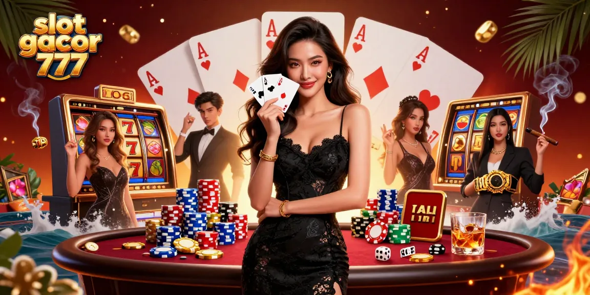 Enjoy thrilling slot gacor 777 gameplay with an elegant Asian woman showcasing her lucky cards amidst vibrant casino elements.