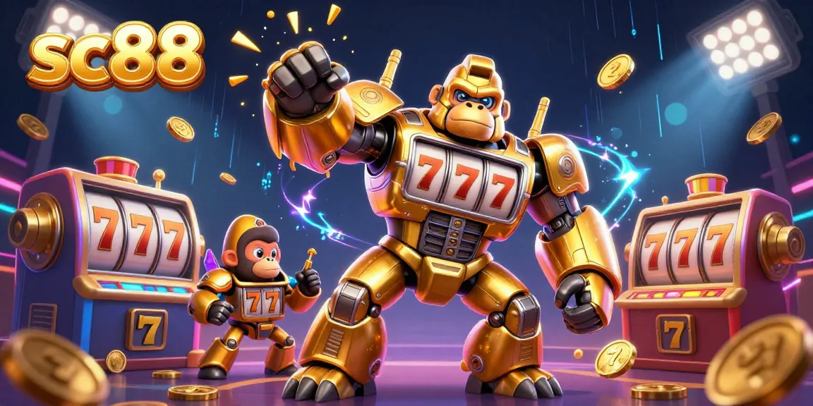 Experience thrilling gameplay at sc88 with a golden gorilla mech surrounded by slot machines and gold trophies.