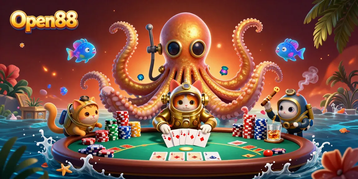 Experience thrilling casino action with Open88's vibrant poker table, kraken, and diving cat.