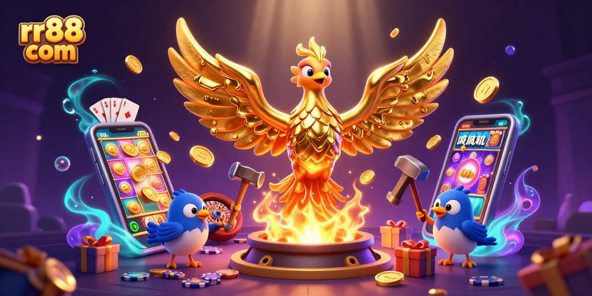 Experience winning potential at rr88 com with vibrant casino-themed illustration featuring a golden phoenix and gaming elements.
