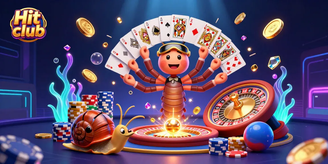 Engage with Hit club as the vibrant millipede dealer showcases cards amidst a dazzling casino scene.