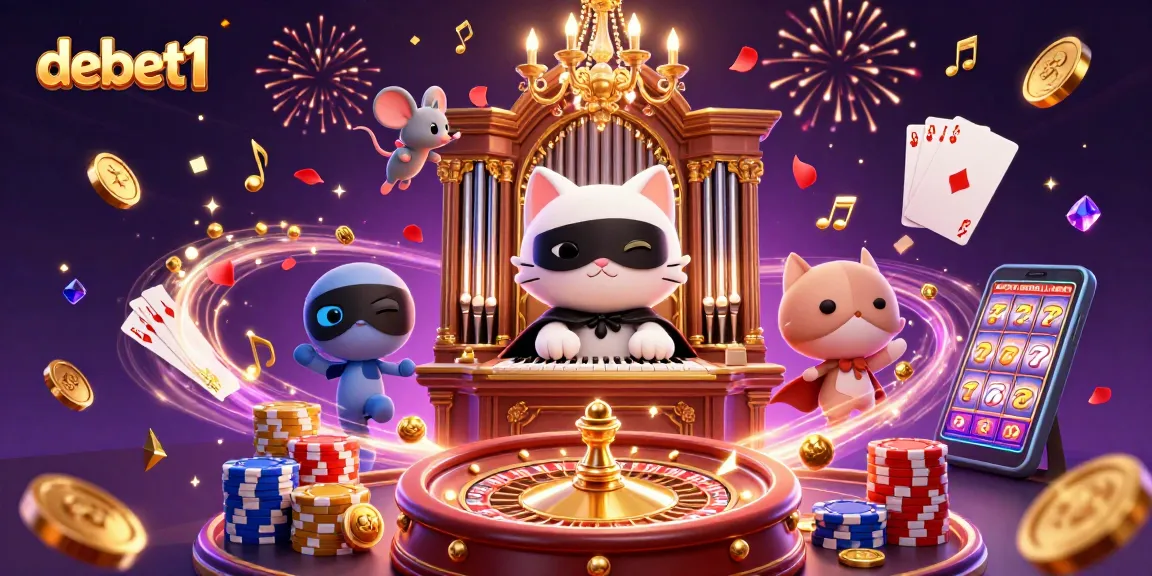 Engage with debet1's vivid casino scene featuring a cat and acrobat amidst dazzling game elements.