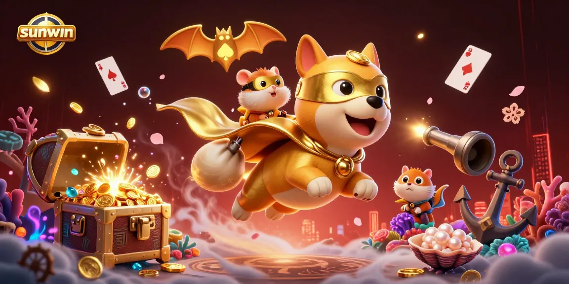Experience excitement with sunwin as a superhero dog flies through vibrant casino-themed underwater treasure scenes.