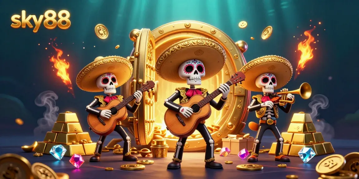 Experience the thrill of sky88 casino games with vibrant mariachi characters amid a treasure-filled atmosphere.