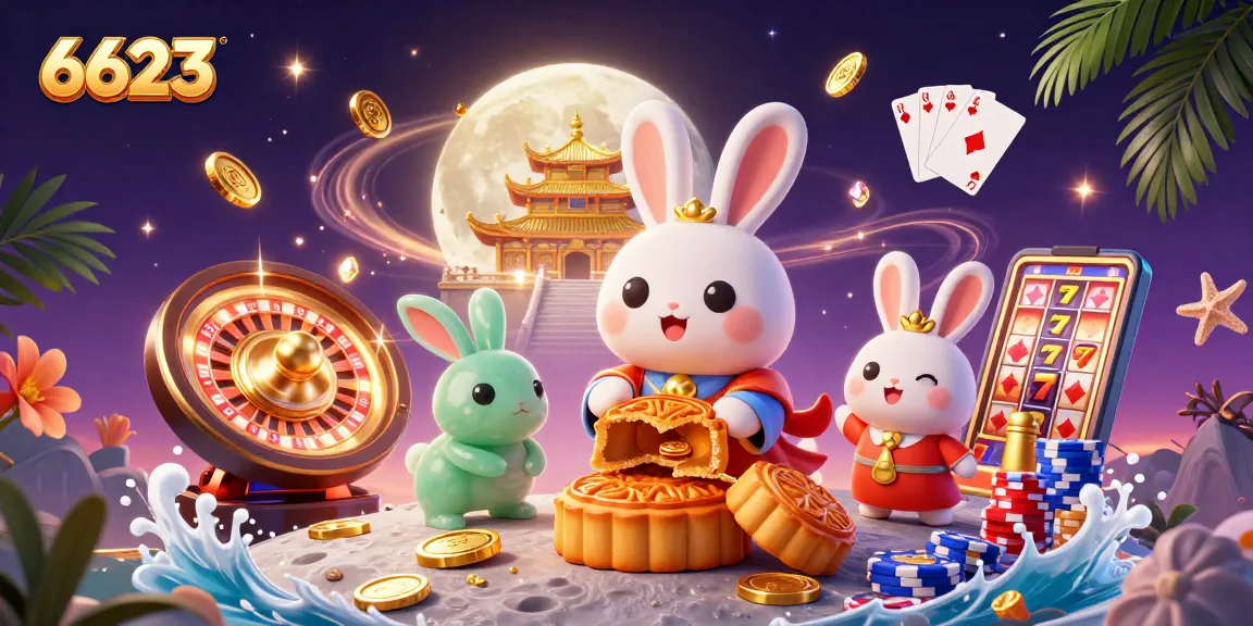 Experience gambling excitement with the 6623 app featuring a moon rabbit and poker elements.