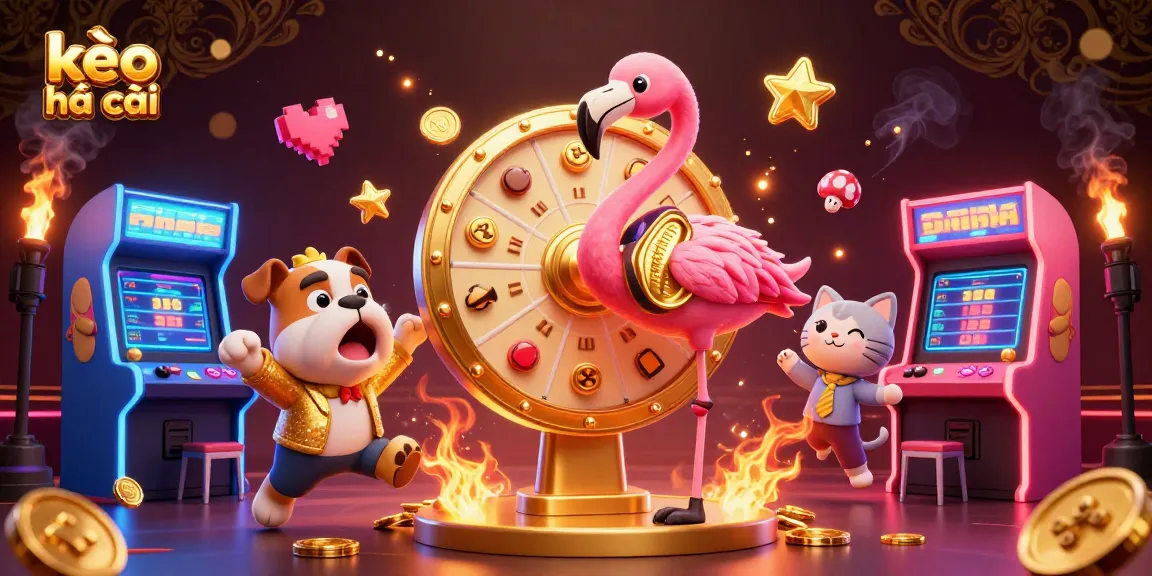 Bet on kèo nhà cái with an energetic scene featuring a flamingo host, excited bulldog contestant, and prize reveals.