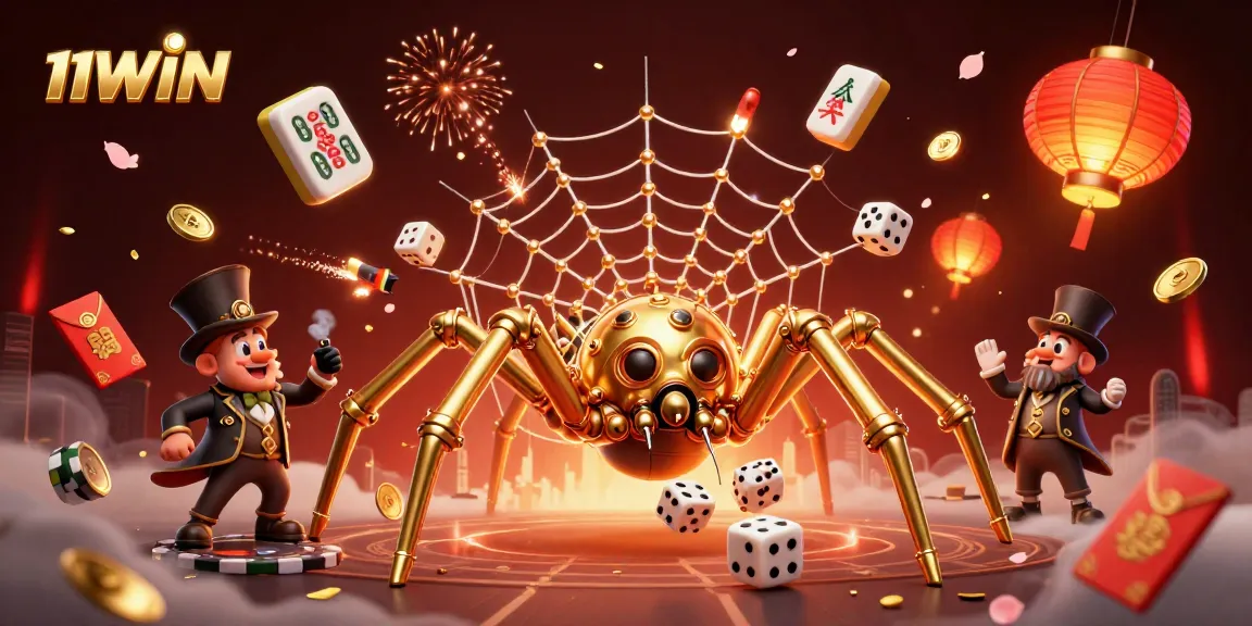 11WIN's captivating scene features a magical spider and gaming elements illustrating luck and strategy.