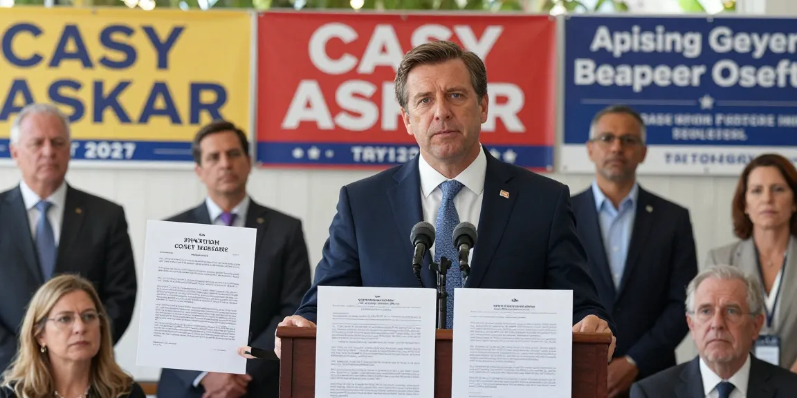 Casey Askar presenting at a political event, highlighting his controversial history.