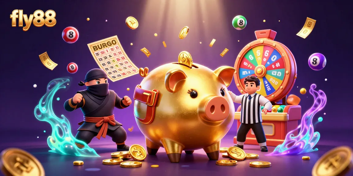 Enjoy the excitement of fly88, where the sumo piggy bank and ninja duel in a vibrant casino scene.