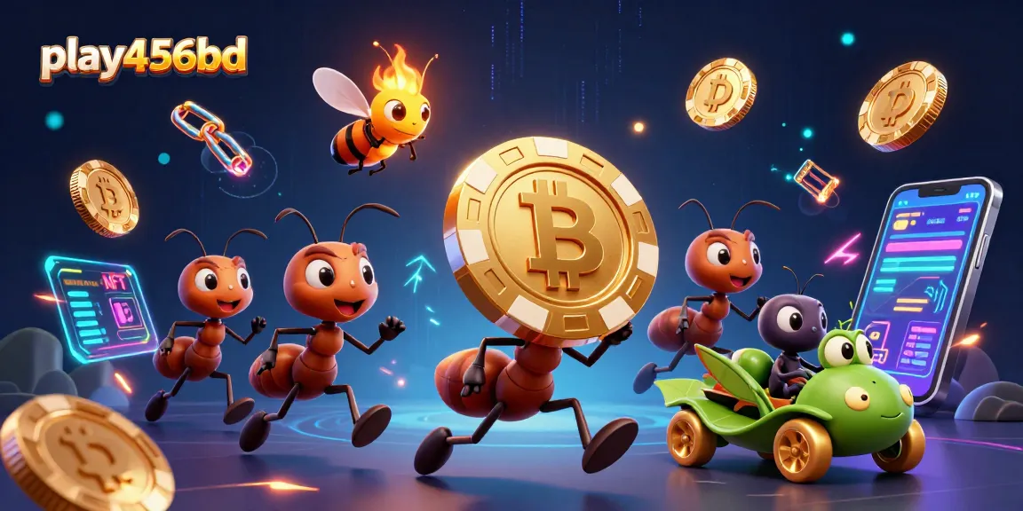 play456bd team of cartoon ants carrying a giant poker chip amid a vibrant casino heist scene