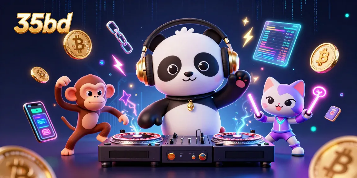 Experience the thrill of 35bd with a DJ panda and neon crypto coins in a vibrant casino scene.