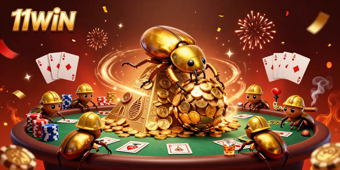 Engage in thrilling action with 11WIN as golden beetles roll coins in a vibrant casino scene.