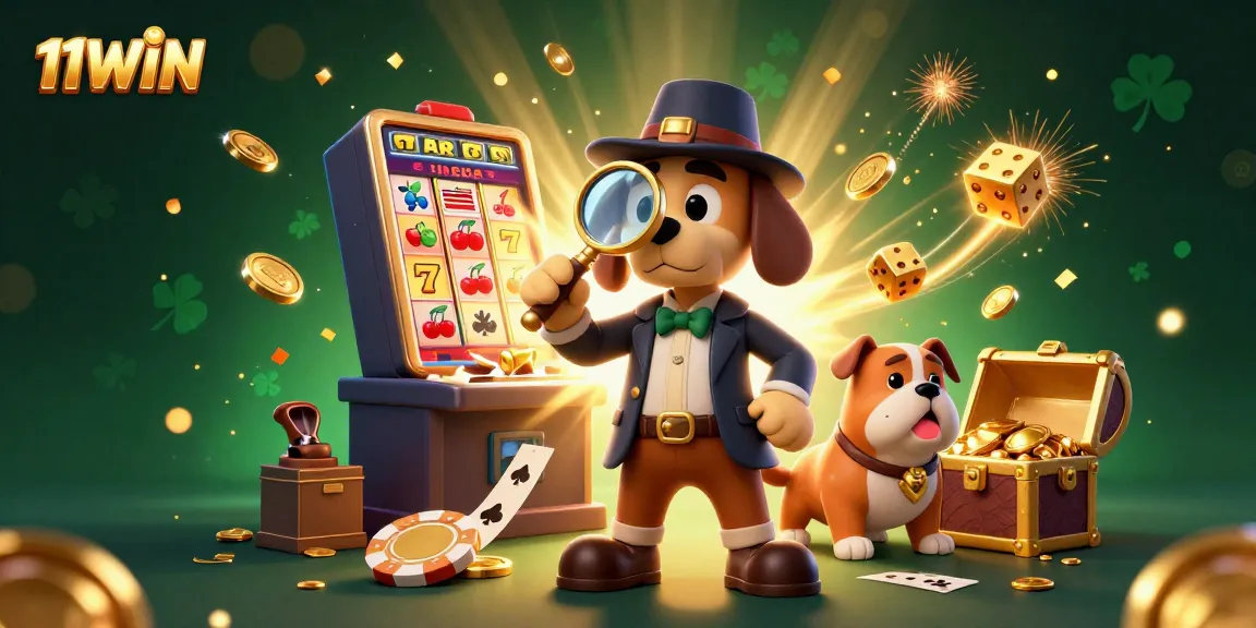 Experience the excitement of 11WIN with a detective and bulldog exploring a vibrant casino treasure scene.