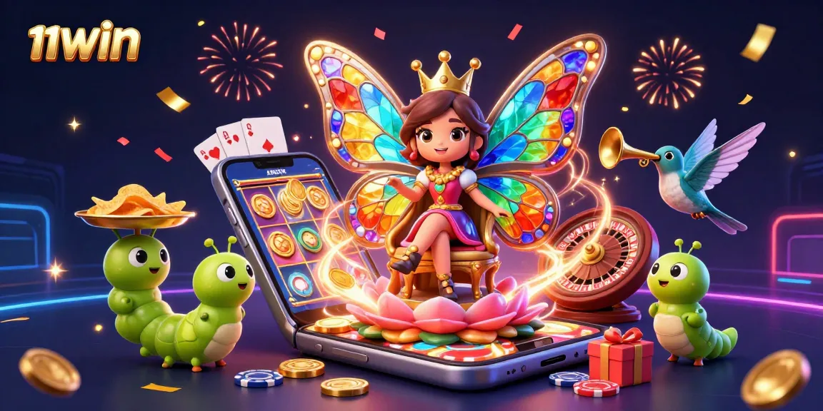 Spin exciting slots with 11WIN in this vibrant casino-themed illustration featuring a dynamic butterfly queen.