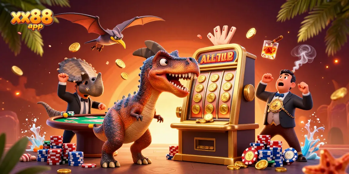 See the xx88 app as a pachycephalosaurus hits a golden slot machine, causing coins to fly in a vibrant casino scene.