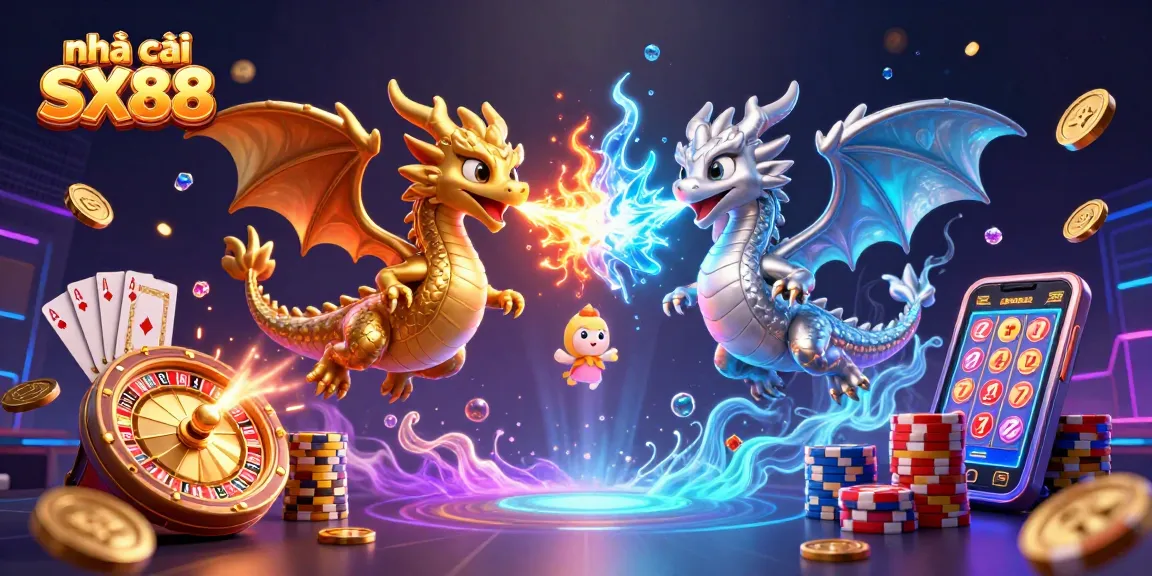 Engage with nhà cái SX88 as twin dragons embodying casino excitement, surrounded by dynamic gaming elements.