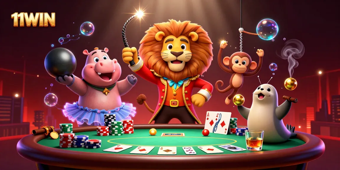 Experience thrilling play with 11WIN's vibrant 3D casino illustration of lively gambling characters.