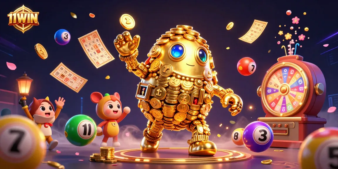 Experience the dynamic world of 11WIN with colorful lottery elements and a golden golem.