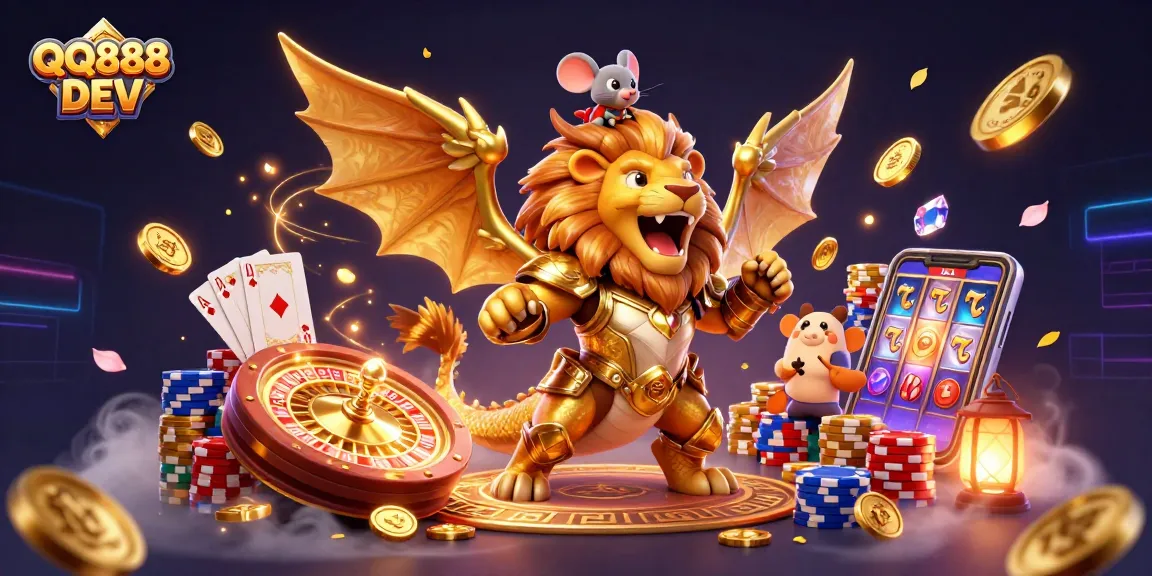 Engage with QQ888 DEV in a vibrant casino scene filled with golden coins and thrilling games.
