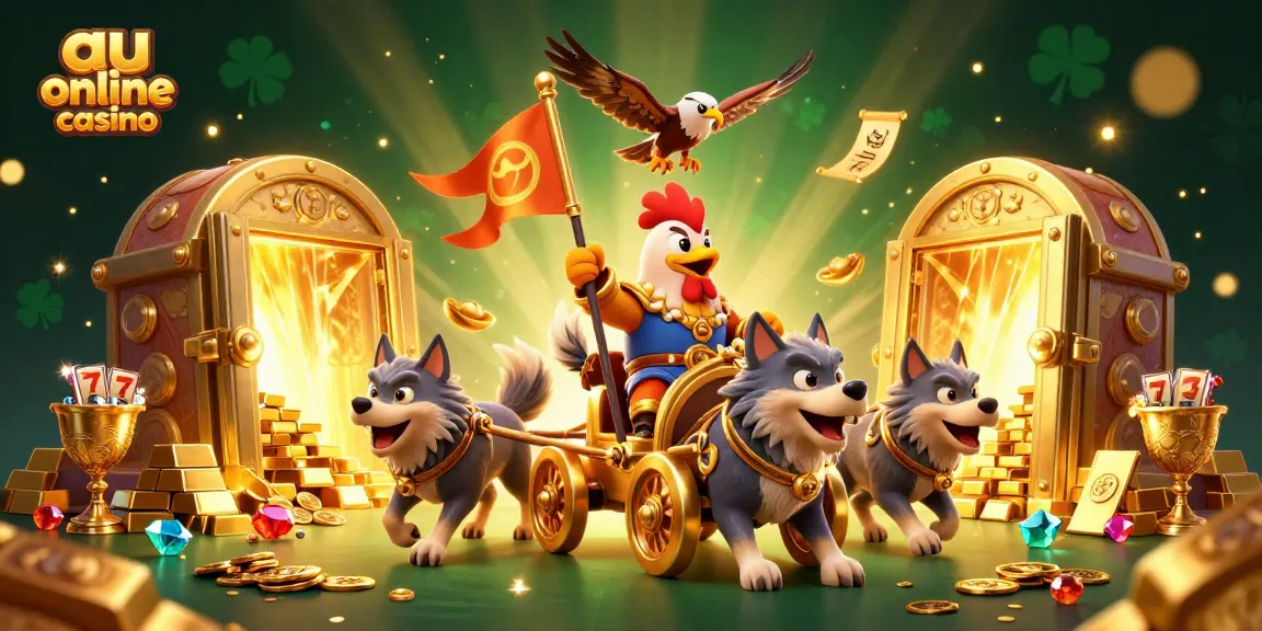 Experience the thrill of an au online casino with dynamic characters and vibrant treasures in a richly detailed scene.