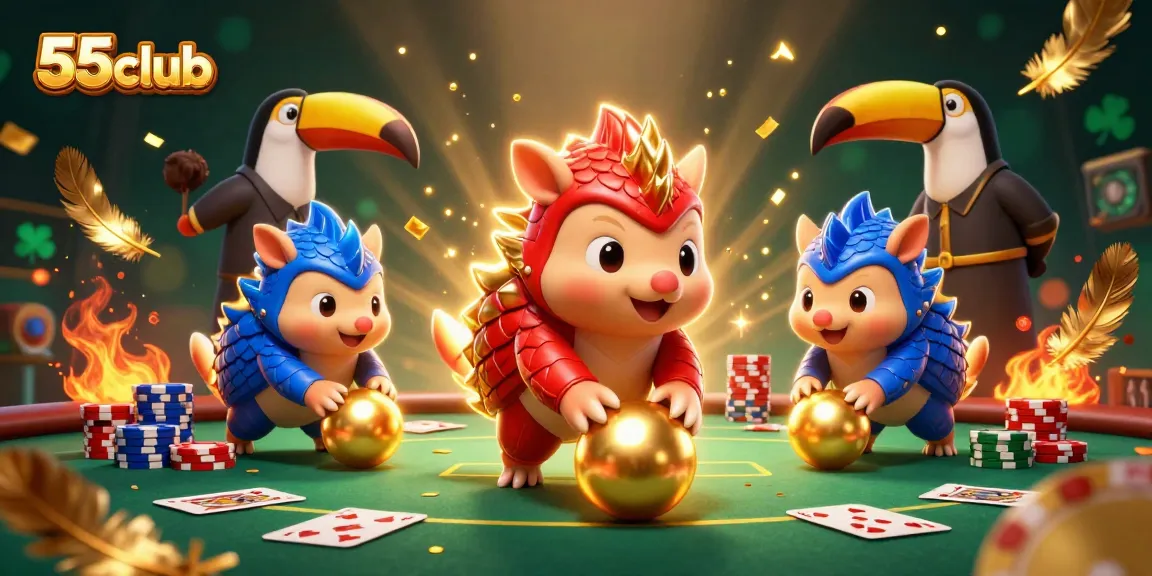 Experience thrilling poker action with 55club's vibrant pangolins in a dynamic gaming arena.