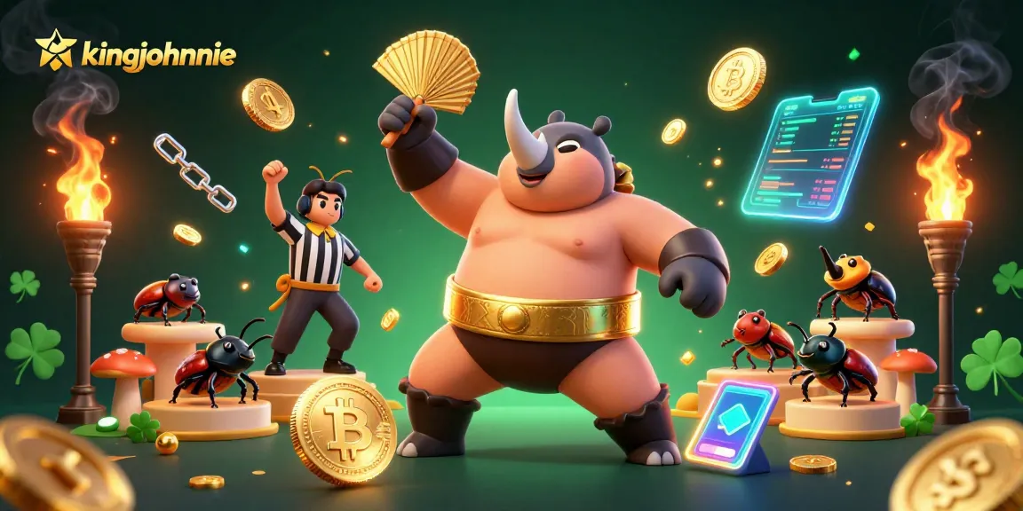 Experience kingjohnnie's thrilling crypto casino action with a dynamic beetle sumo scene and glowing digital elements.