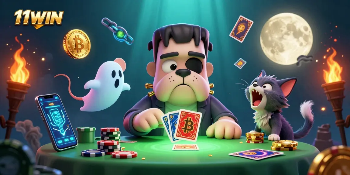 Engage in thrilling gameplay at 11WIN with a lively casino scene featuring a Frankenstein bulldog dealer.