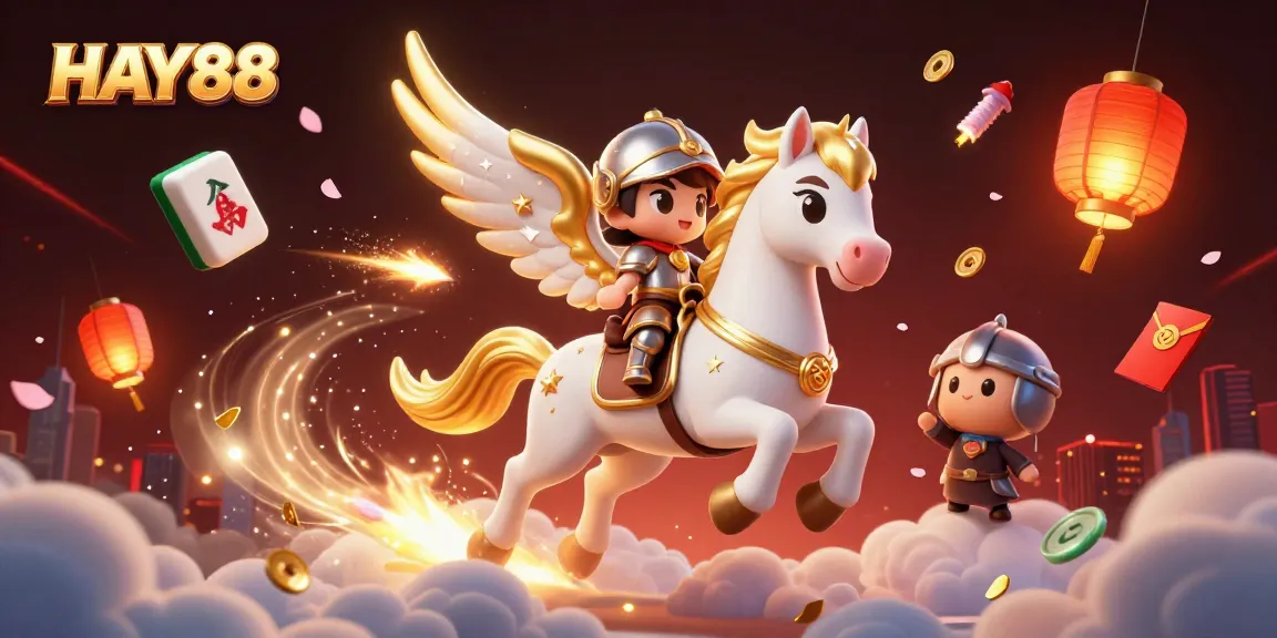 Experience the excitement at HAY88 with a celestial scene of a knight and horse surrounded by gaming elements.